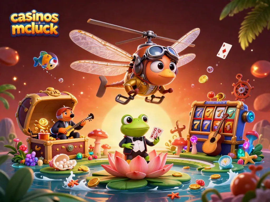 Engage with casinos like McLuck through vibrant gameplay featuring a dragonfly pilot and lively casino scene.