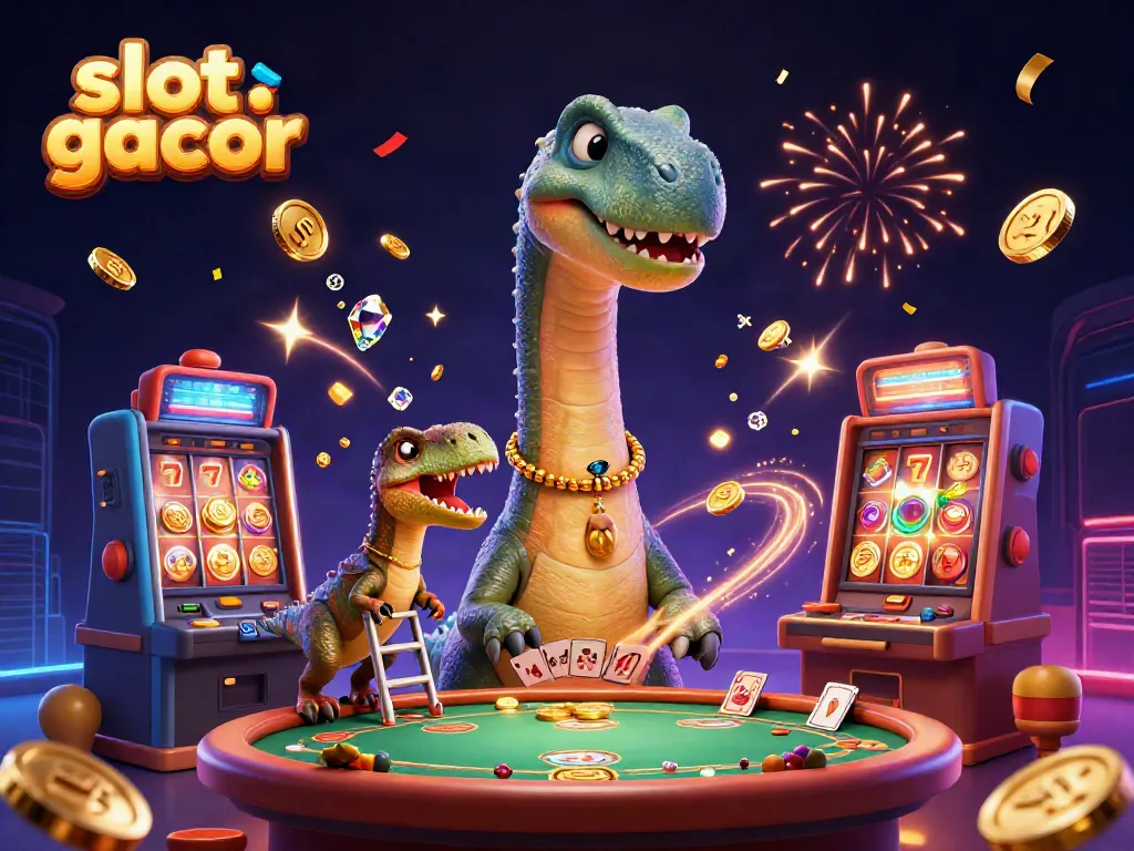 Experience the excitement of slot gacor with a whimsical dinosaur-themed casino illustration.