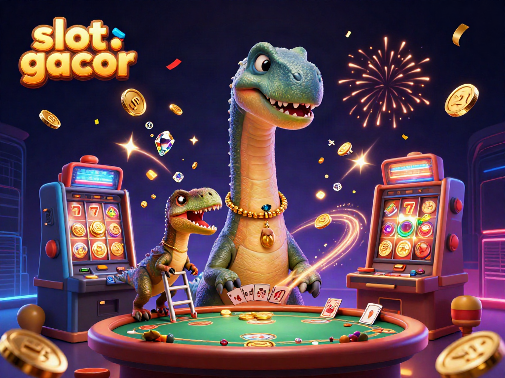 Experience the excitement of slot gacor with a whimsical dinosaur-themed casino illustration.