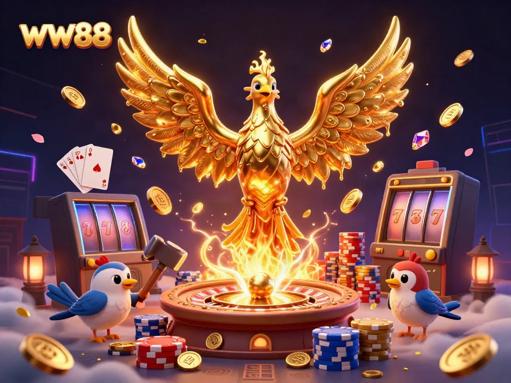 Cascading coins and vibrant poker chips illustrate the excitement of gambling at ww88, showcasing a golden phoenix and cartoon sparrows.