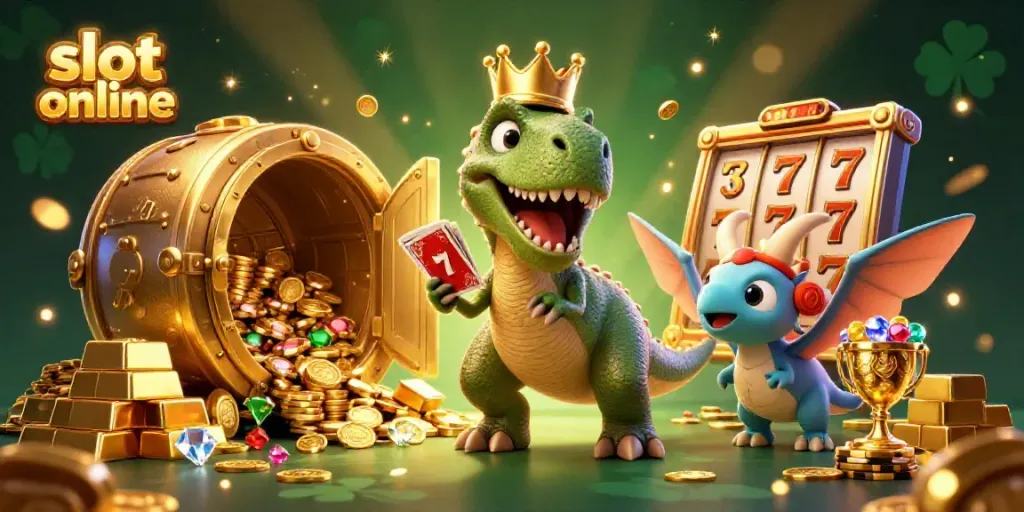 Berbagai karakter seperti T-Rex bermain slot online dengan harta karun berkilau.