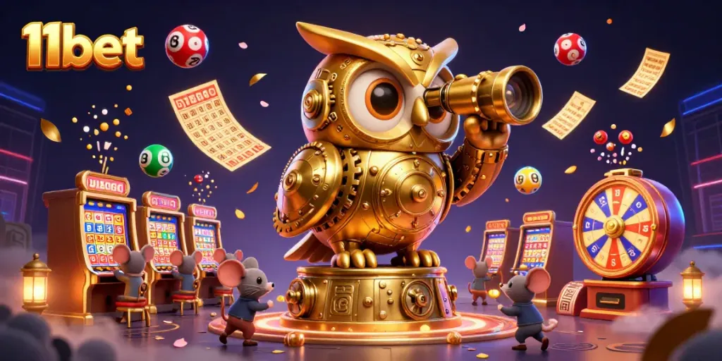 Experience the thrill of 11bet with its vibrant casino gaming visuals, featuring dynamic lottery balls and a golden owl.