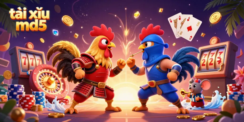 Bettors engage in a thrilling encounter as roosters simulate the intensity of tài xỉu md5 betting, surrounded by casino elements.