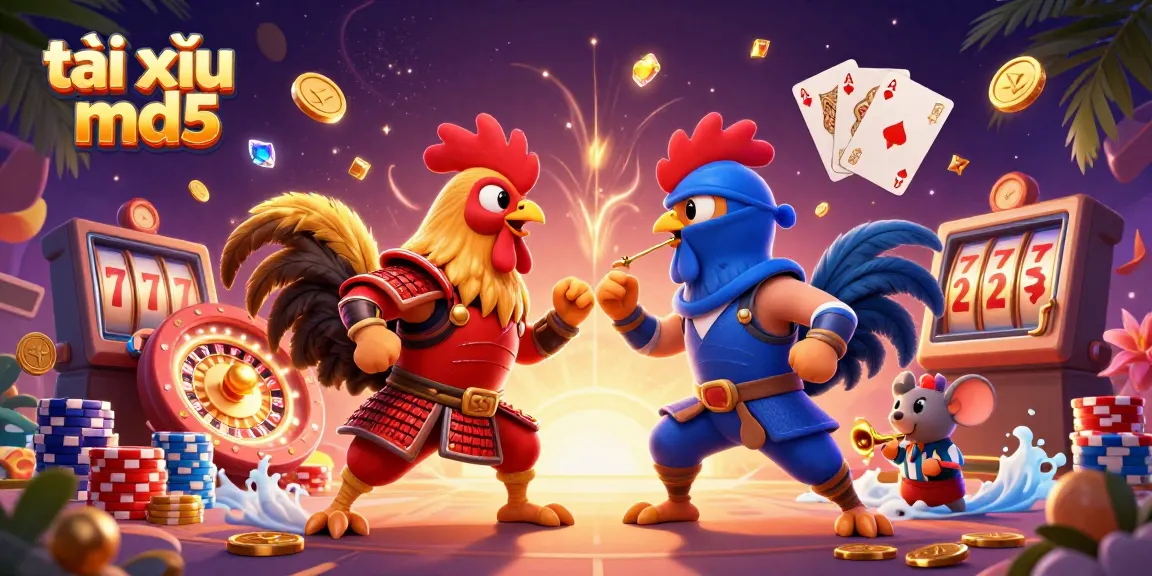 Bettors engage in a thrilling encounter as roosters simulate the intensity of tài xỉu md5 betting, surrounded by casino elements.
