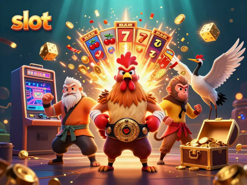 Experience thrilling slot action with dynamic 3D characters and casino elements firing across the scene.