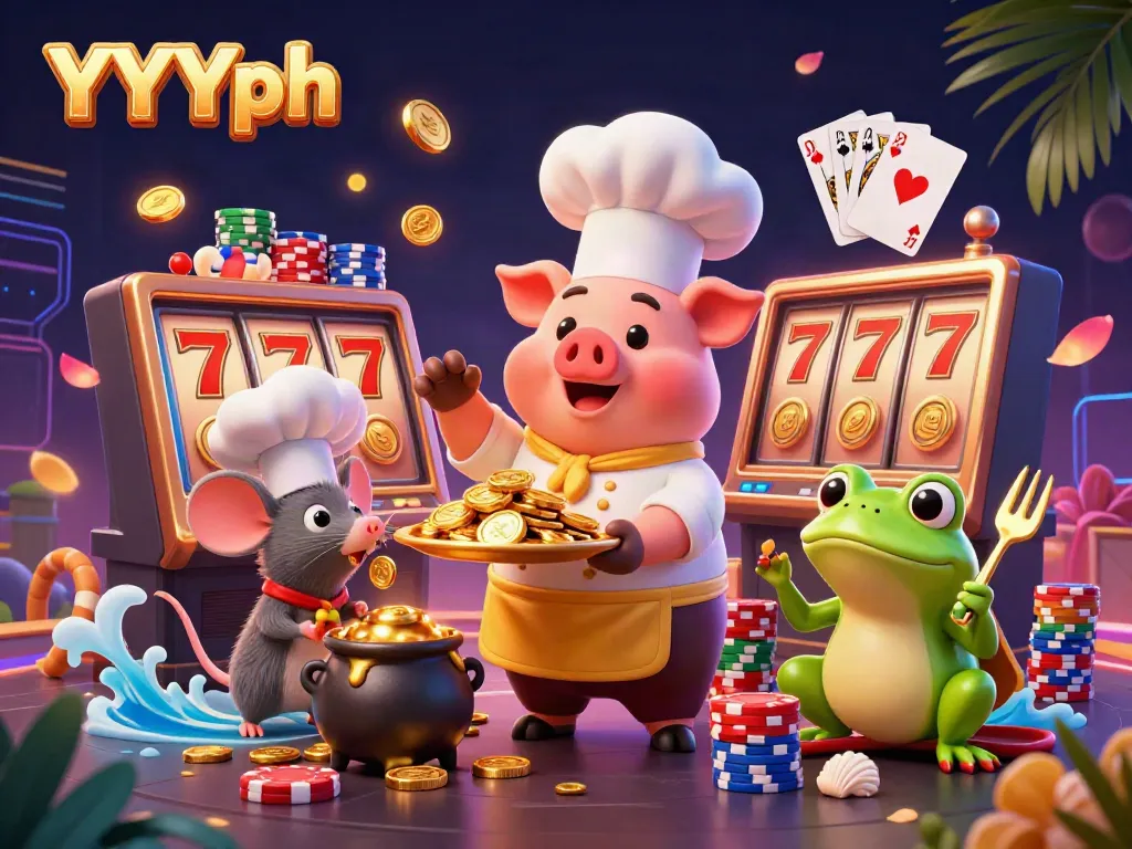 Experience thrilling gaming at YYYph with a vibrant casino-themed illustration showcasing lively characters and golden rewards.