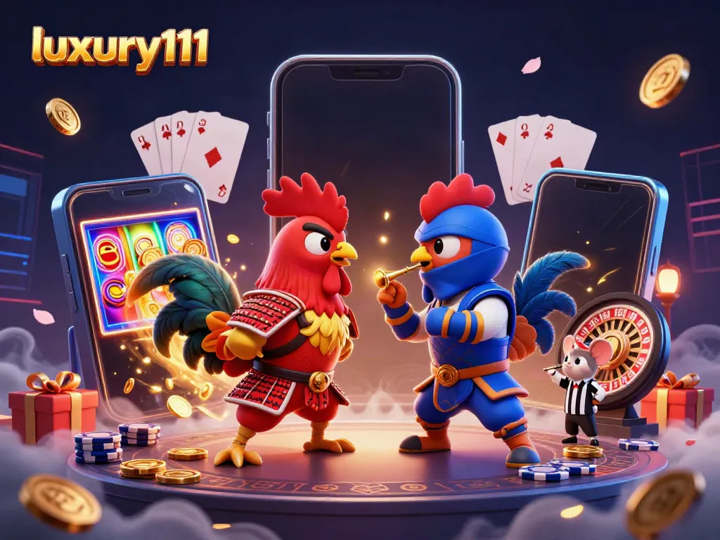 Engage with luxury111 as twin roosters clash in a dramatic casino showdown amidst vibrant gaming graphics.