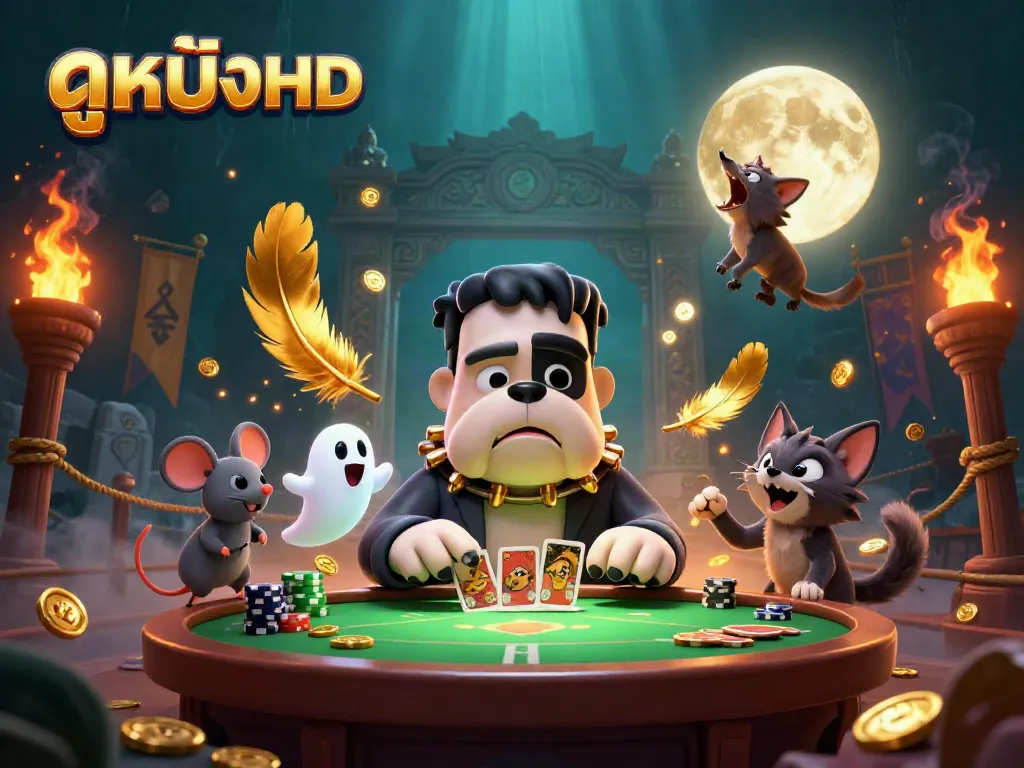 Engaging scene showcasing ดูหนังHD with a bulldog monster dealing cards at a haunted casino table while gold coins and ghostly themes enhance the atmosphere.
