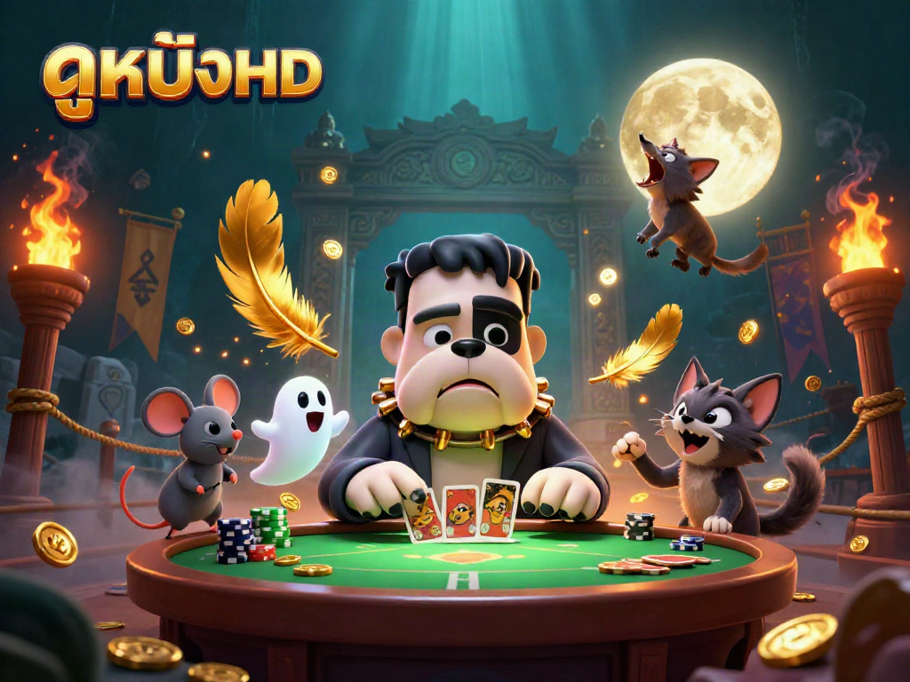 Engaging scene showcasing ดูหนังHD with a bulldog monster dealing cards at a haunted casino table while gold coins and ghostly themes enhance the atmosphere.