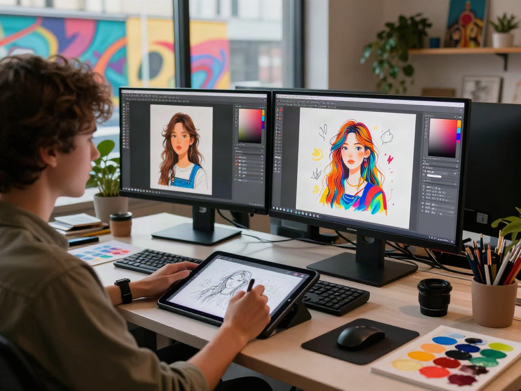 Creating stunning visuals with a porn ai generator in a vibrant digital art studio.