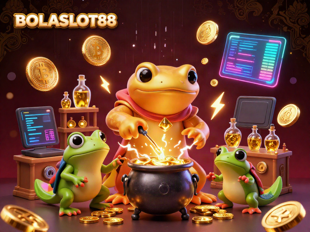 Experience BOLASLOT88 with a vibrant 3D scene of a golden salamander alchemist creating wealth in a casino-themed lab.