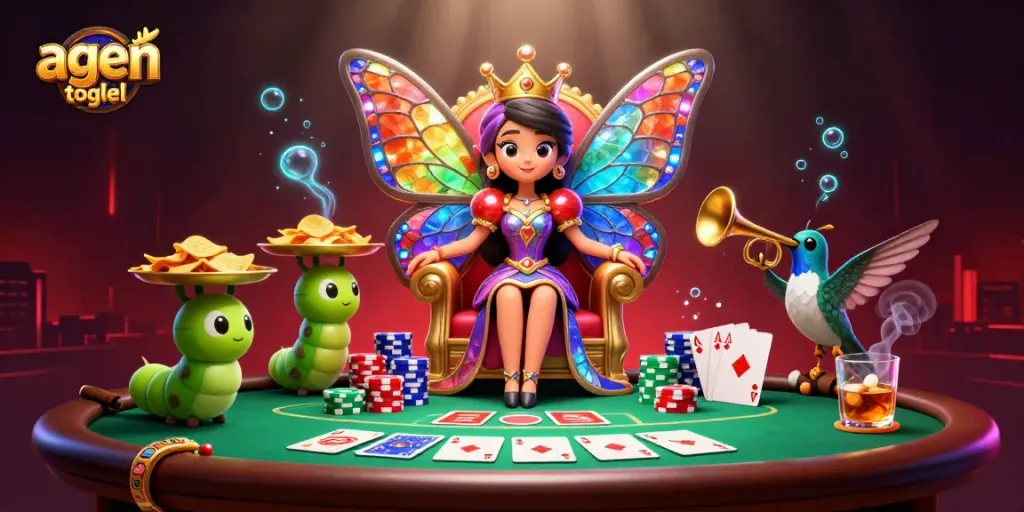 Experience the excitement of agen togel online with a dynamic scene featuring colorful characters and poker elements.