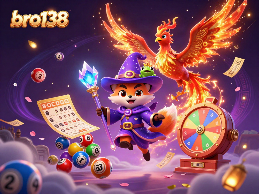 Experience thrilling gaming with bro138's magical wizard and phoenix surrounded by lottery elements.