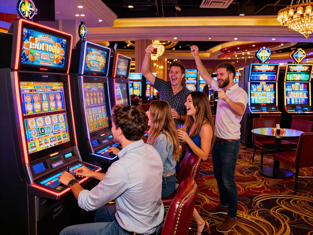 Pengguna bermain di mesin slot7000 di kasino dengan atmosfer meriah dan penuh warna.