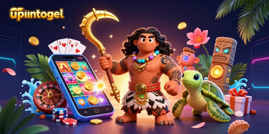 Permainan menarik upintogel di antara makhluk mitologi Polinesia dan elemen kasino yang penuh warna.