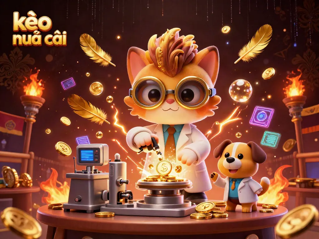 Experience the thrill of kèo nhà cái sports betting with a mad scientist cat and loyal dog in a bustling arena.