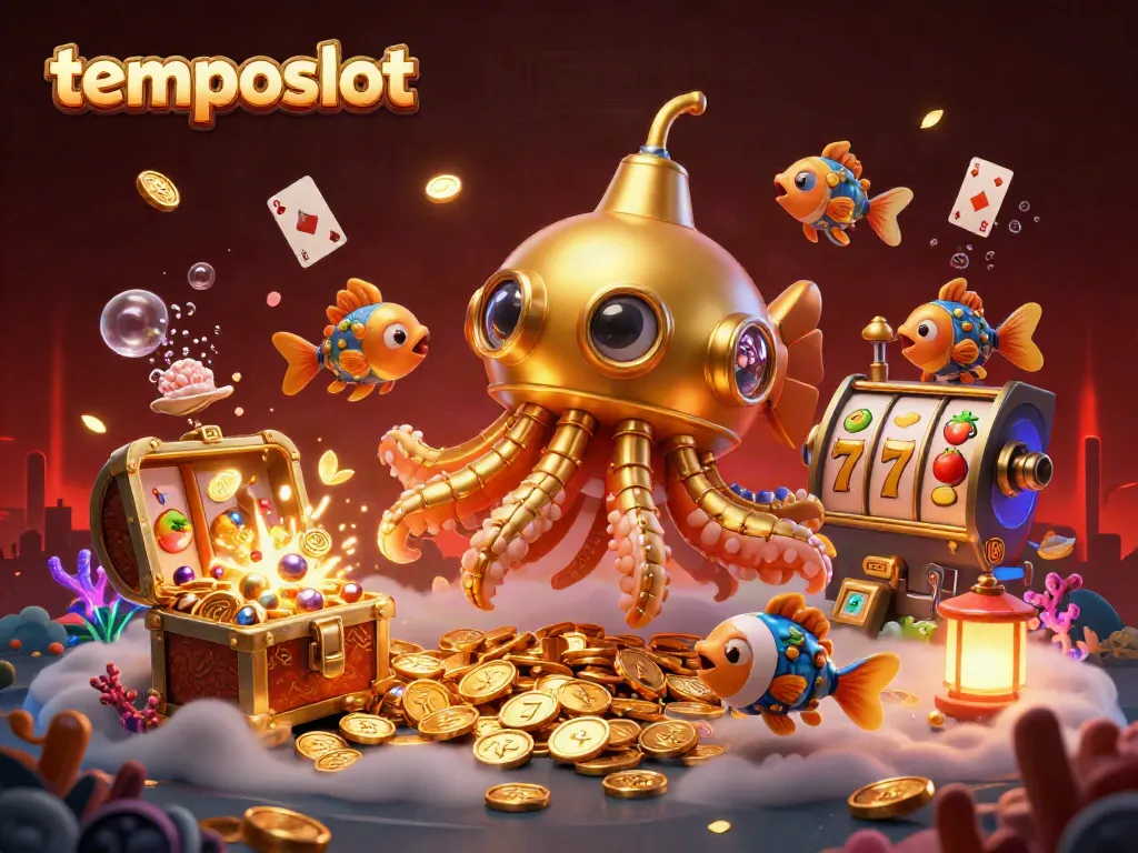 Engage with the temposlot kraken submarine amidst golden coins and slot game elements for thrilling gameplay.