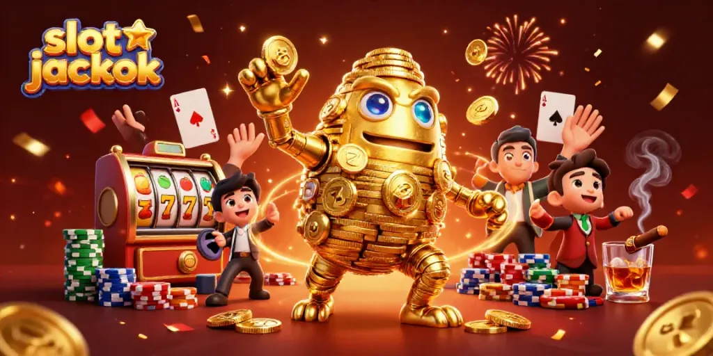 Experience the thrill of slot jackpot action with a dynamic golem made of golden coins, fruit symbols, and poker elements.