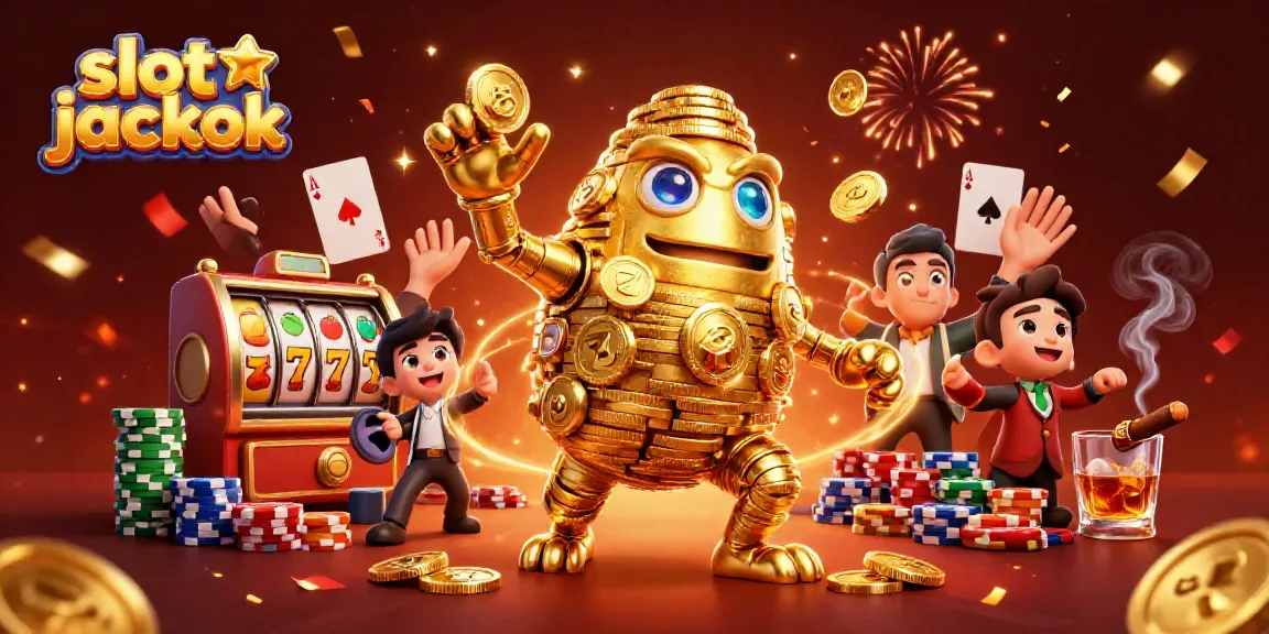 Experience the thrill of slot jackpot action with a dynamic golem made of golden coins, fruit symbols, and poker elements.