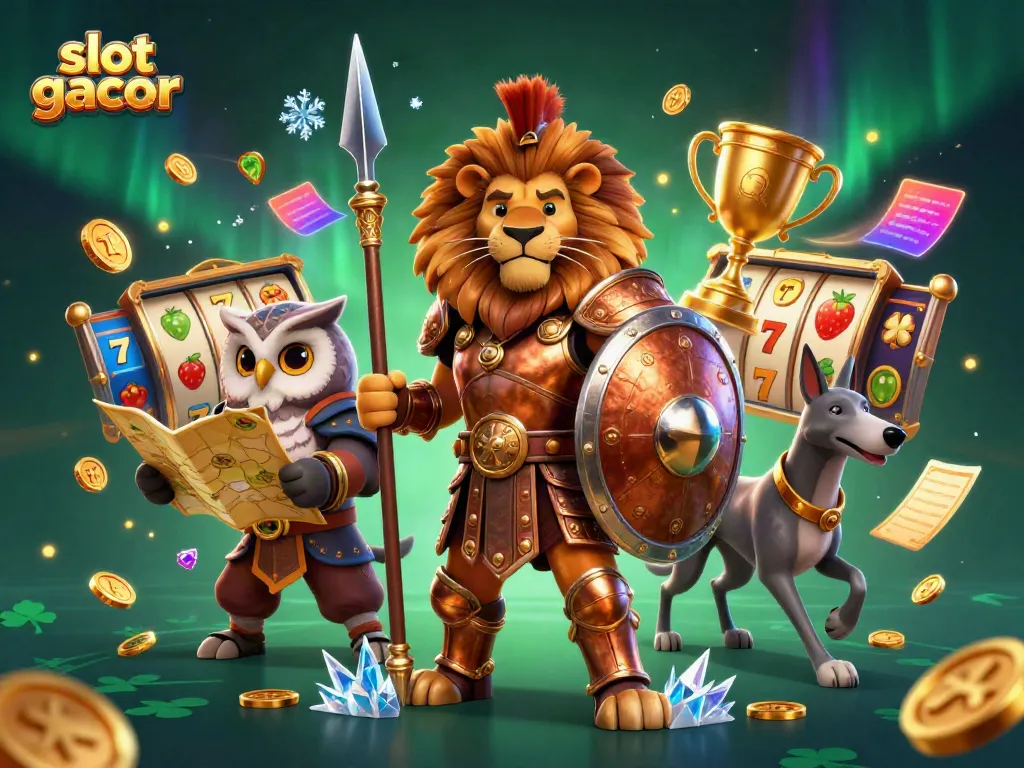 Experience thrilling wins with slot gacor, featuring a Spartan lion and dynamic slot elements.