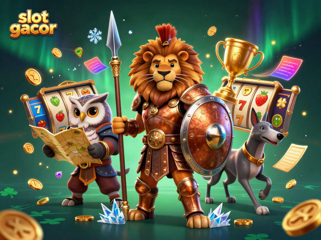 Experience thrilling wins with slot gacor, featuring a Spartan lion and dynamic slot elements.