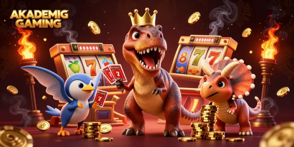 Engage in winning strategies at AKADEMIGAMING with T-Rex and friends in a captivating casino scene.