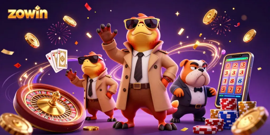 Experience thrilling moments at Zowin with raptors in trench coats entering a VIP casino lounge.