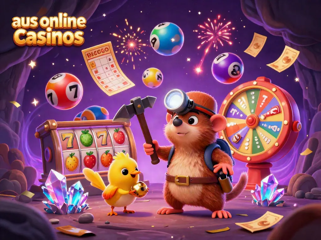 A dynamic 3D illustration of aus online casinos featuring a treasure hunter mole mining vibrant slot reels, surrounded by colorful lottery elements.