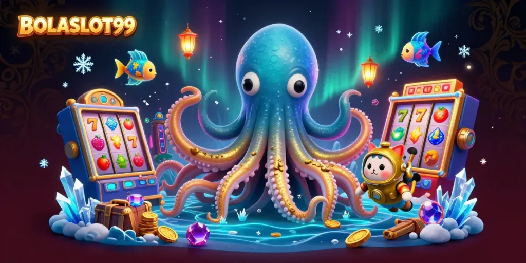 Experience excitement at BOLASLOT99 with a vibrant, dynamic slot game scene featuring a kraken and diving cat.