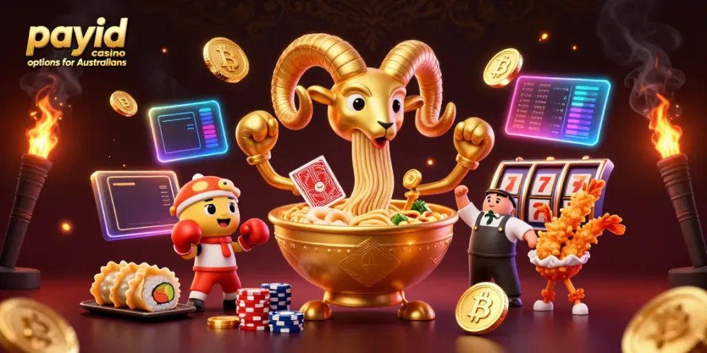 Engage with payid casino options for Australians as golden ramen bowl deals cards, surrounded by vibrant casino elements.