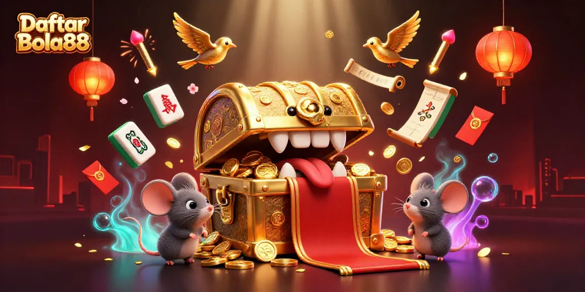 Engage in thrilling gameplay with Daftar Bola88, featuring a golden treasure chest and vibrant casino elements.