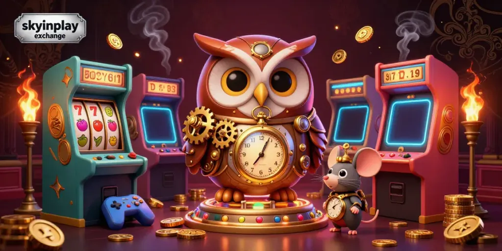 Engage with the thrilling skyinplay exchange scene featuring vibrant casino elements and a time-traveler owl.