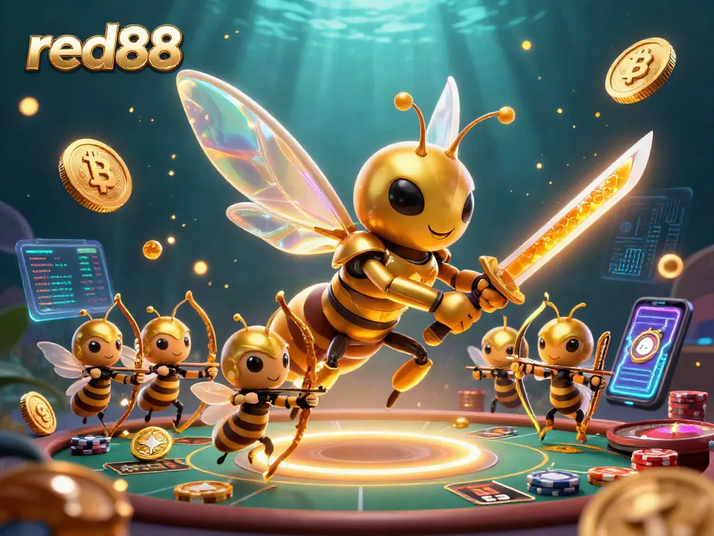 Experience thrilling red88 gameplay with a dynamic scene showcasing a golden hornet in samurai armor amidst slots and crypto elements.