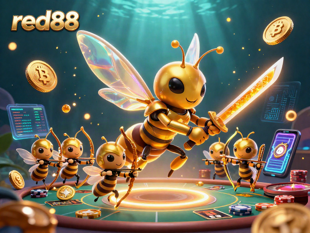 Experience thrilling red88 gameplay with a dynamic scene showcasing a golden hornet in samurai armor amidst slots and crypto elements.