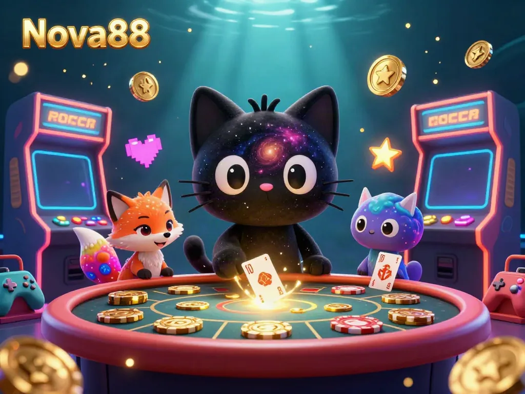 Nova88 mengagumkan dengan kucing hitam 3D menarik cip emas di kasino dalam talian.