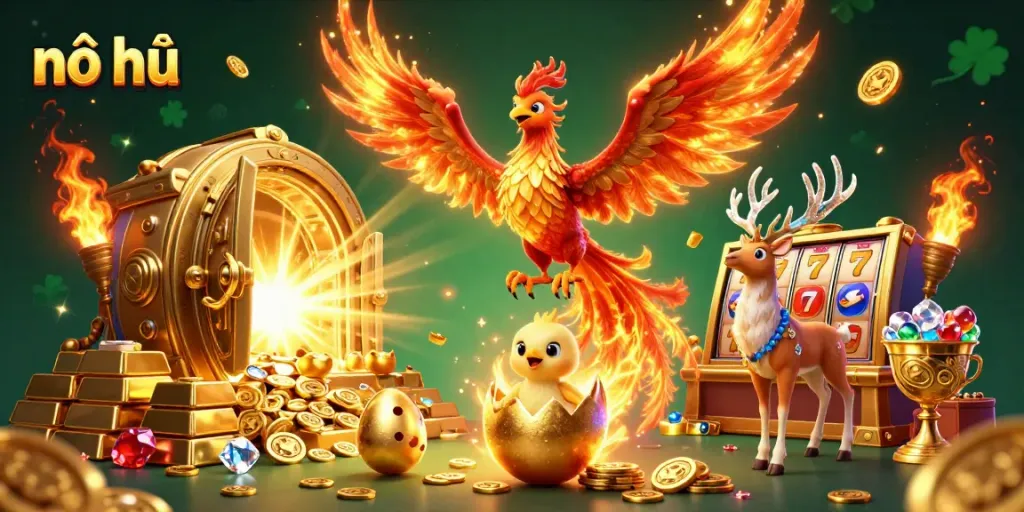 Experience thrilling nổ hũ adventures with a vibrant phoenix scene full of jackpot treasures and casino excitement.