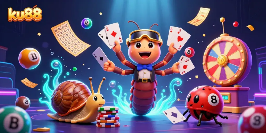 ku88 casino illustrating a vibrant scene of thrilling gameplay with animated dealer and colorful elements.