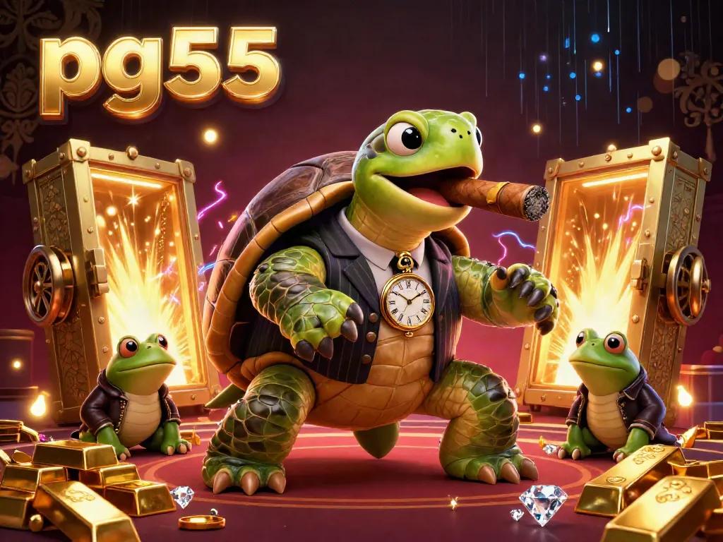 Experience thrilling action at pg55, where a turtle mobster and bullfrog enforcers dominate the gaming floor amidst riches.
