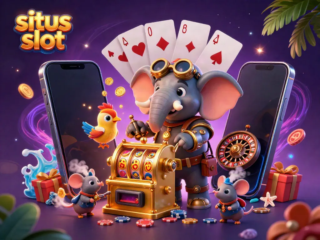 Menggoda pemain situs slot dengan ilustrasi 3D gajah steampunk yang sedang mengoperasikan mesin slot emas.