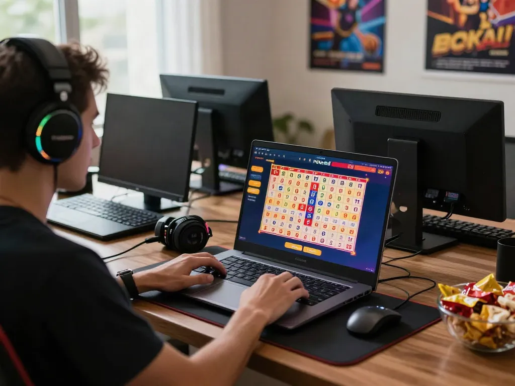Engaging scene of a user interacting with the POKA88 link login platform on a laptop, showcasing vibrant graphics and gaming accessories.