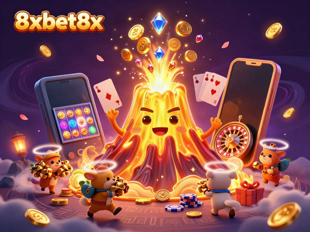 Experience the thrilling treasure explosion from 8xbet8x with a golden volcano and vibrant game elements.