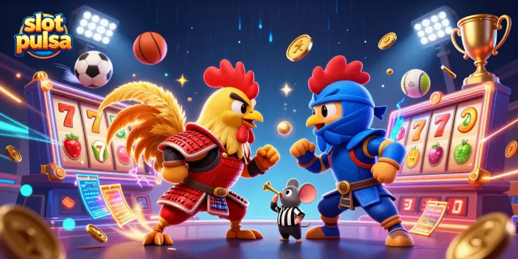 Experience the thrill of slot pulsa with dynamic action featuring vibrant fighting roosters.