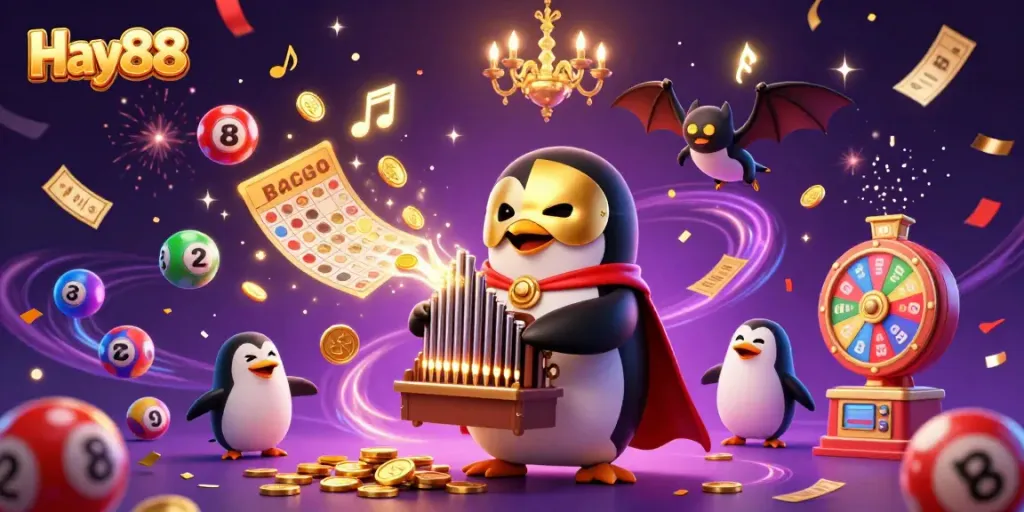 Engage in thrilling betting with Hay88 while a cartoon penguin plays an organ of golden coins, surrounded by colourful lottery balls.