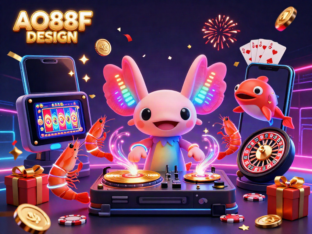 Experience the vibrant energy of AO88F DESIGN with neon characters and exciting casino elements in this lively 3D scene.