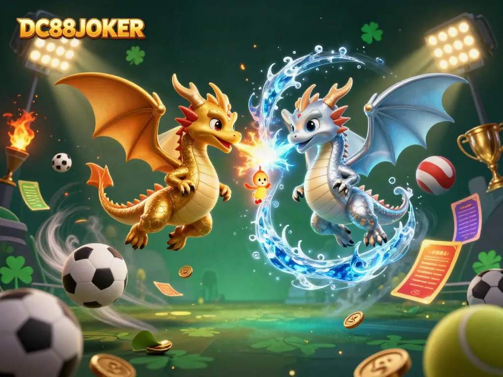 Engage in thrilling gameplay with DC88JOKER's dynamic gold and silver dragons breathing fire and ice.