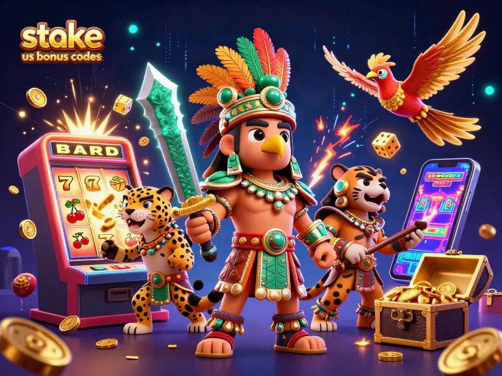 Experience the excitement of stake us bonus codes with dynamic casino characters spinning slots and flying coins.