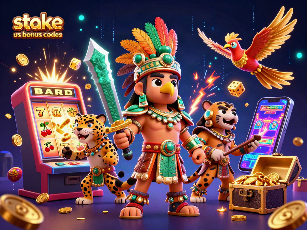 Experience the excitement of stake us bonus codes with dynamic casino characters spinning slots and flying coins.