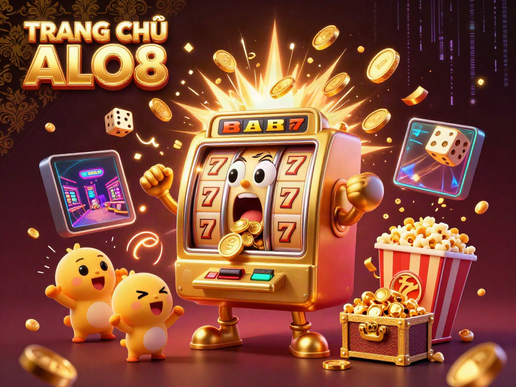 Experience the excitement of TRANG CHỦ ALO8 as golden slot machines hit jackpots surrounded by coins and gaming action.