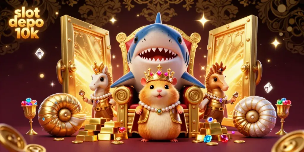 Engage with the thrilling world of slot depo 10k, featuring a hamster king on a megalodon throne amidst treasures.