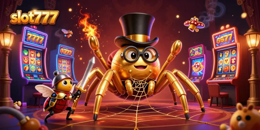 Experience thrilling slot777 action in this dynamic casino scene with vibrant characters and games.